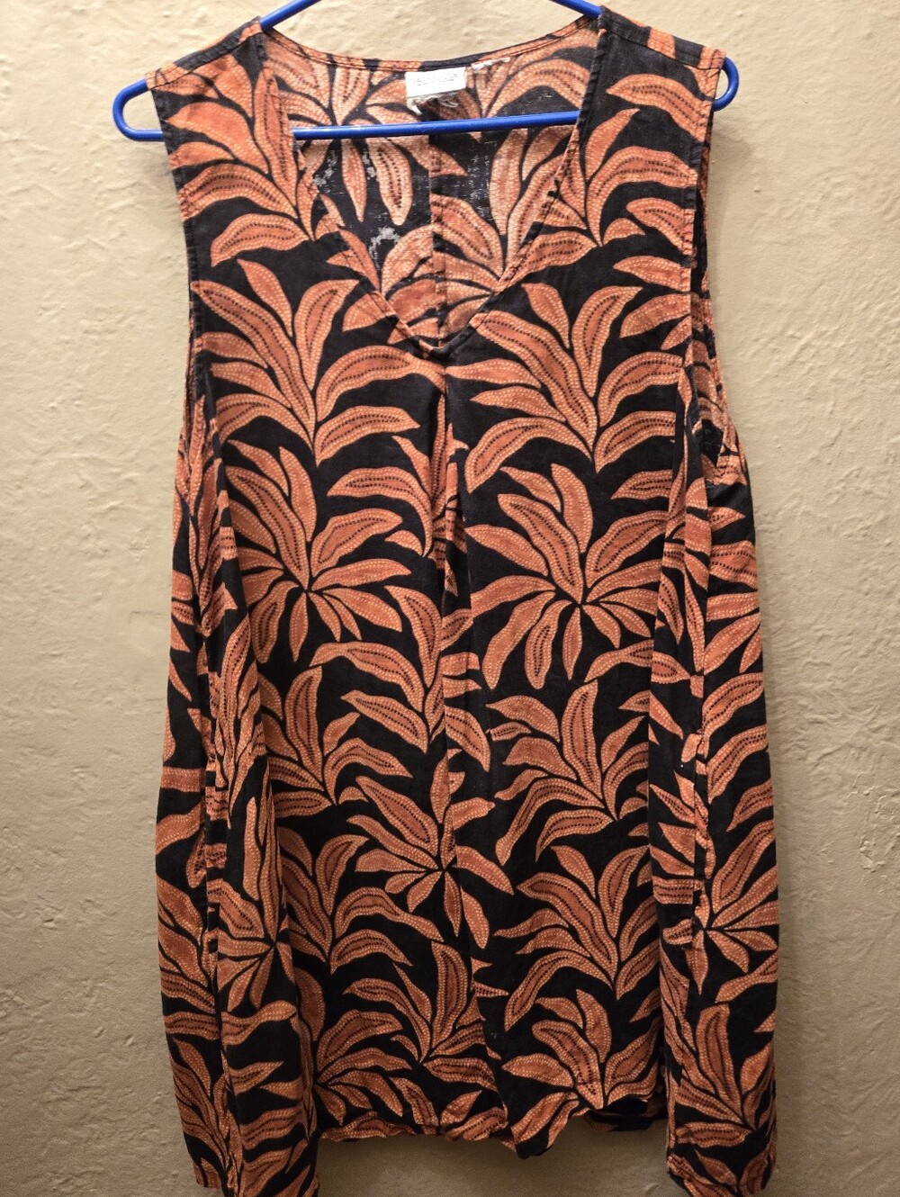 Rachel Zoe 100% Linen Tropical Leaf Tunic Dress Sleeveless Boho Resort L/XL